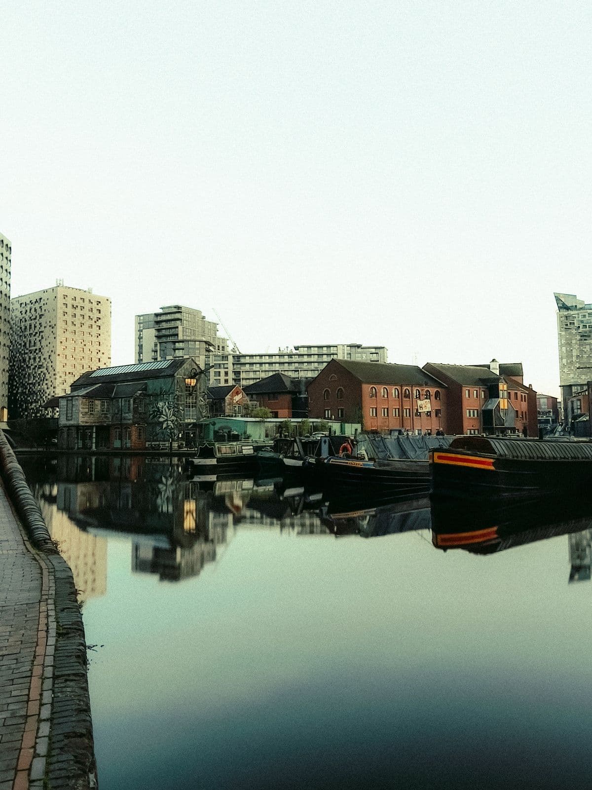 Narrowboats moored on the canal at Gas Street Basin, Birmingham
