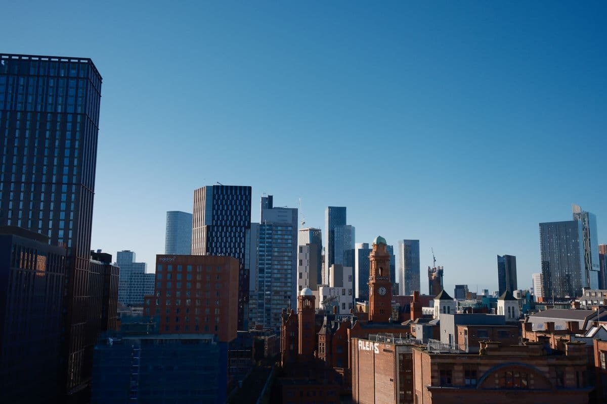 Manchester city-centre skyline with the Beetham Tower and red-brick warehouses