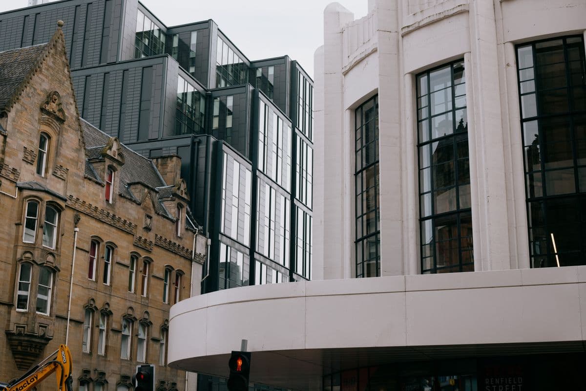 Victorian sandstone and modern buildings on Renfield Street, Glasgow