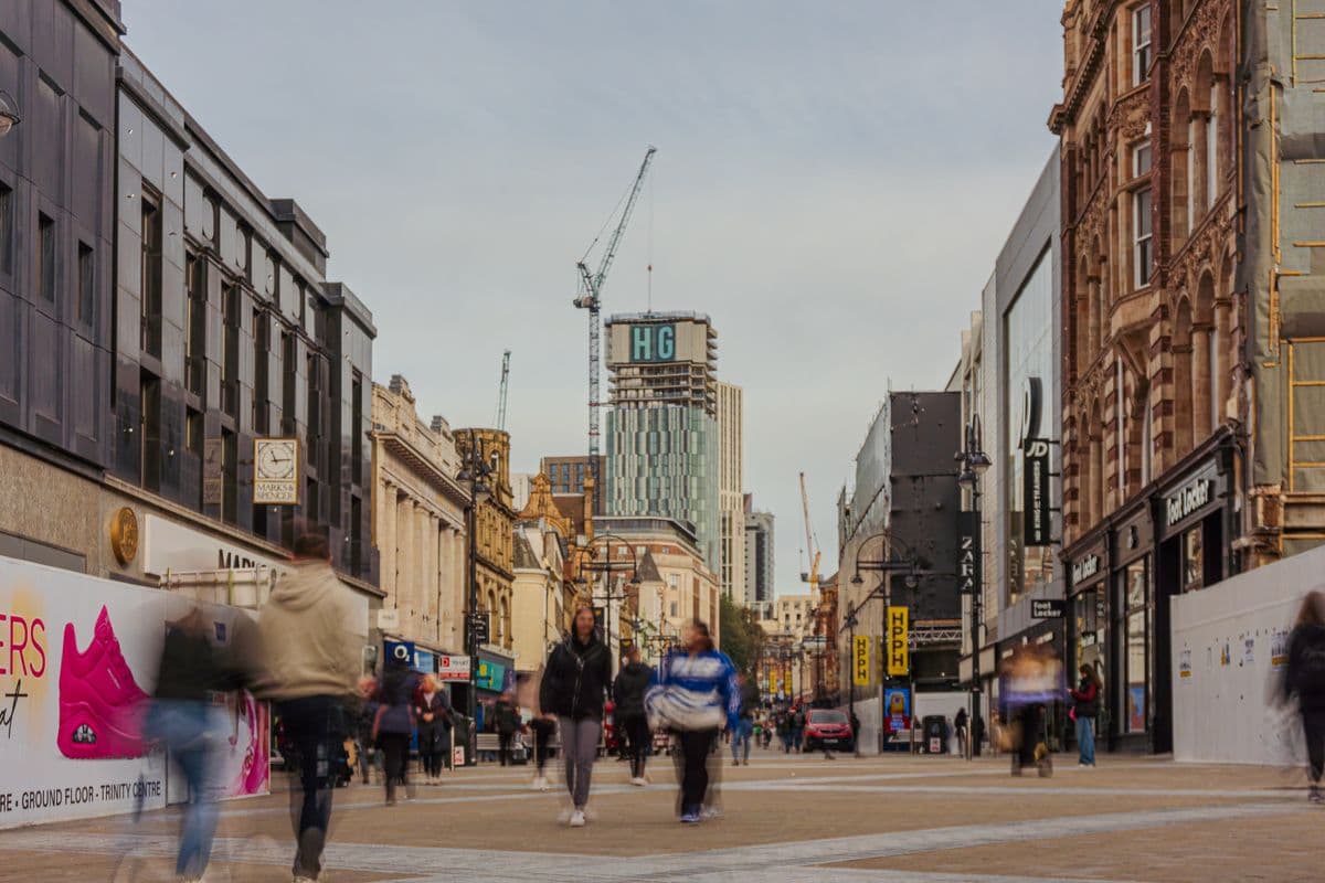 Shoppers on Briggate, the main pedestrian street in Leeds city centre